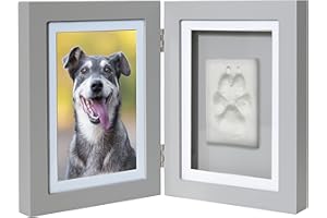 Better World Pets Paw Print + Photo Keepsake Frame Holds 4 x 6 inch or 5 x 7 Picture – Memorial Clay Imprint Kit – for Dogs and Cats – Perfect for Pet Lovers – Hinged for Desktop, Grey