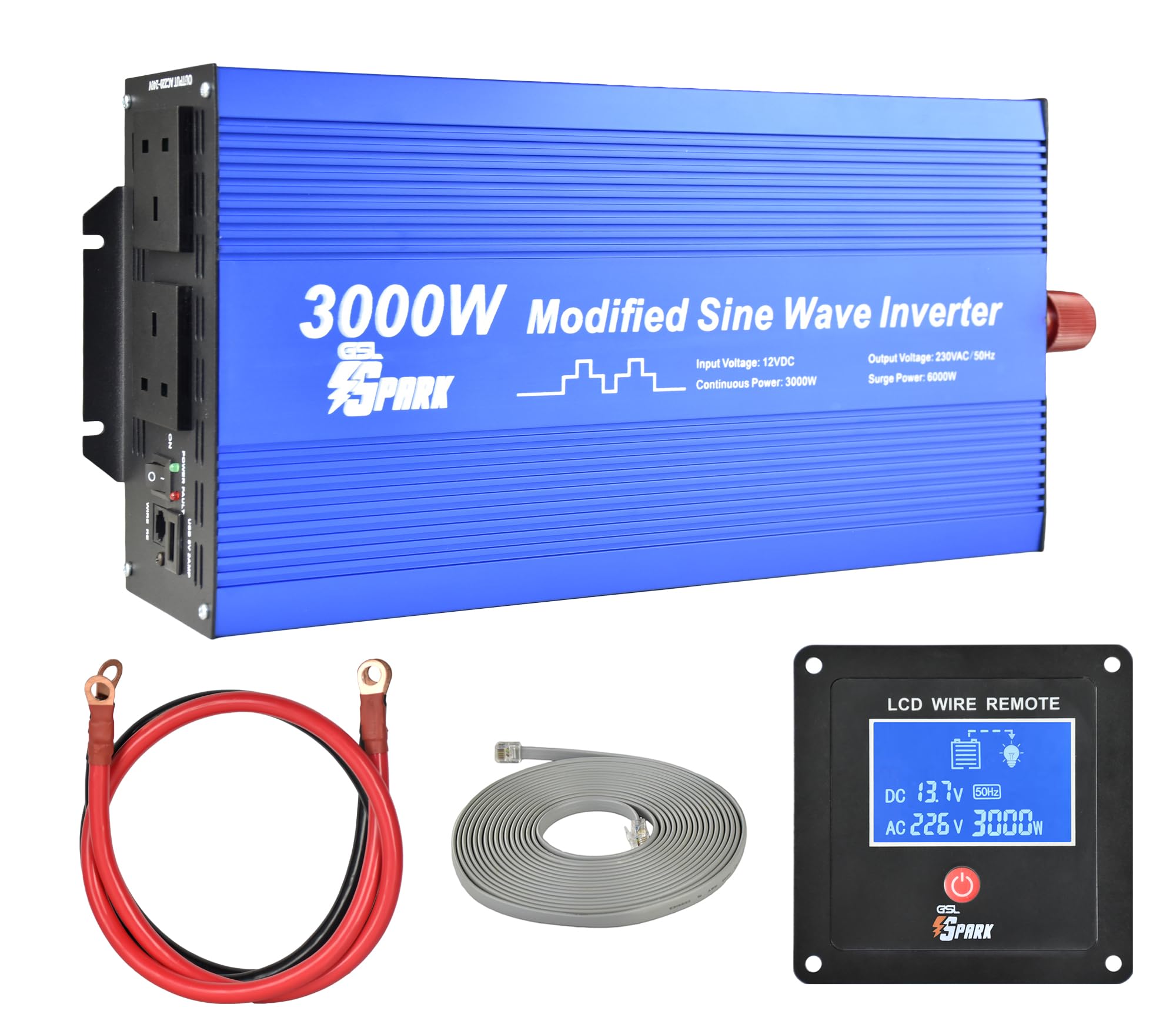 Spark 3000W Power Inverter Modified Wave DC 12V to 240V AC Converter with LCD Display, Remote Control and Silent dual Fan