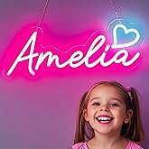 Amelia Neon Sign, Amelia Name Sign – LED Name Light in Pink with Ice Blue Heart – Adjustable Brightness - Cute Room Decor for Girls, Teens, Bedroom, Nursery, Wall, Birthday Party (Amelia - Pink)