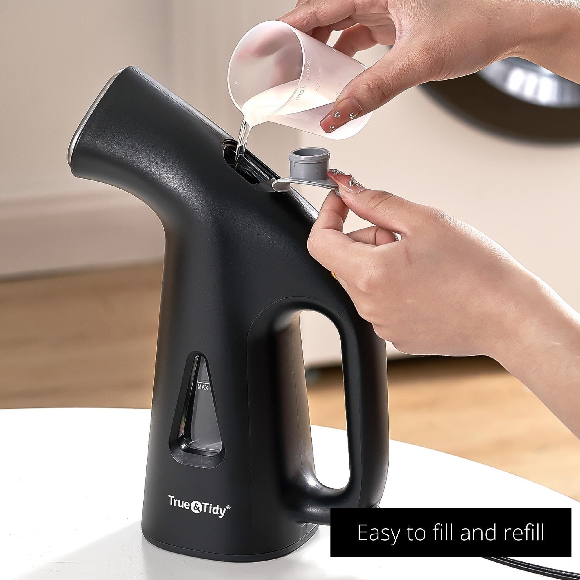 True & Tidy® Steamer for Clothes, Portable Handheld Garment Fabric Wrinkles Remover, Auto-Off, 800 watts of steam, Stainless Steel Steam Plate, Black