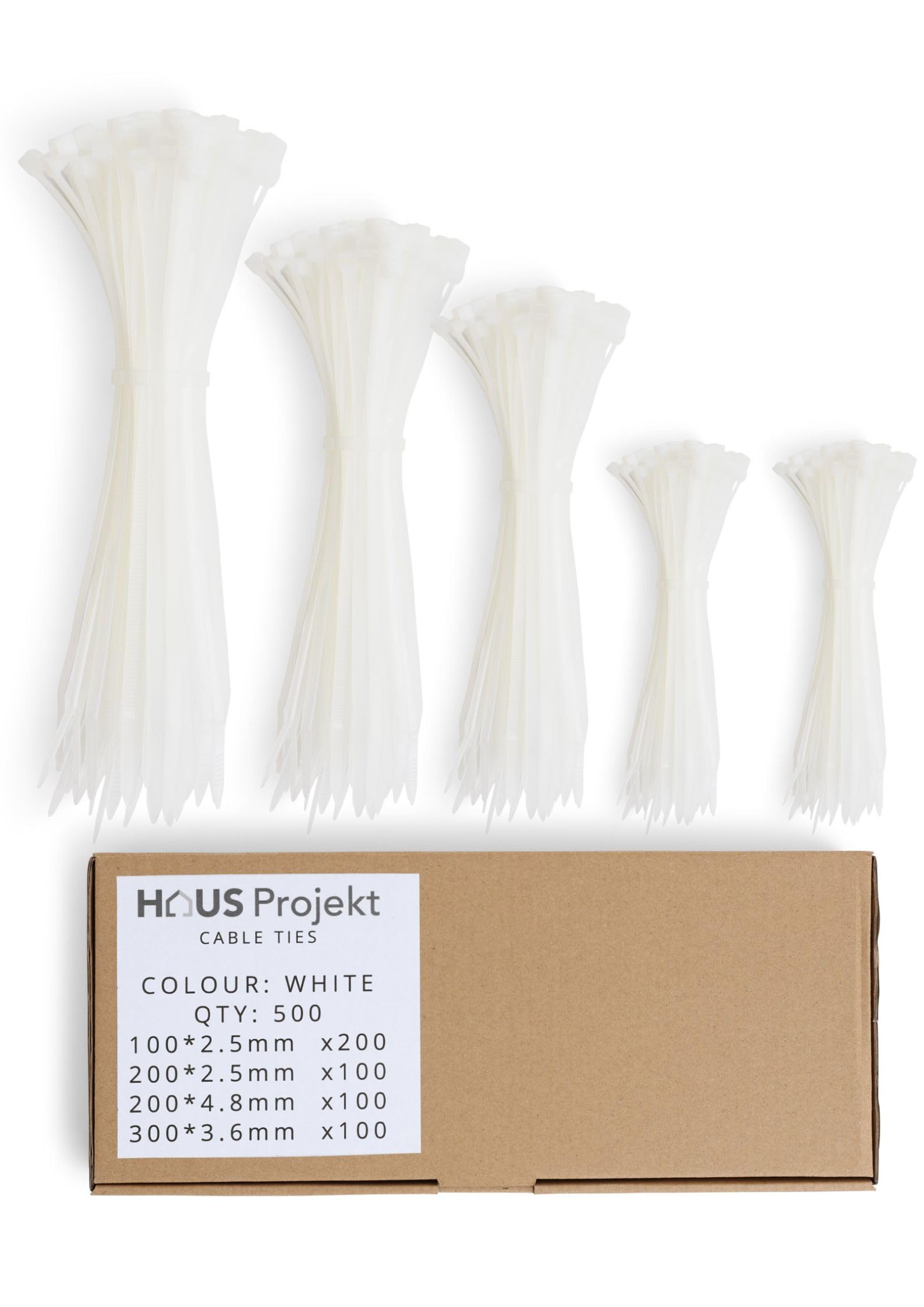 Haus Projekt Cable Ties 500 Pack White, Assorted Size ​Zipties, 100/200mm x2.5, 200x4.8, 300x3.6, Cable Management Tidy, Heavy Duty Plastic Zip Tie Wraps, Garden Cable Ties — image 1