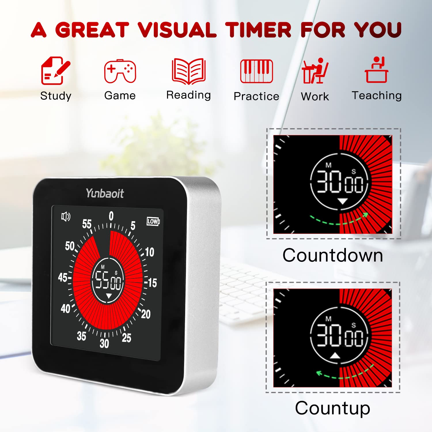 Yunbaoit VT08 Pro Digital Rechargeable Visual Timer with 3.4 Inches Colored Screen,Magnetic Back,60 Minutes Silent Countdown/up Timer for Kids or Adults,Time Management Tool for Study, Working,Cooking