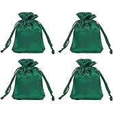 MECCANIXITY Satin Bags with Drawstring, 3x4 Inch Wedding Favor Bag Mini Gift Packaging Bag for Birthday Christmas Jewelry Party (Green, Pack of 4)