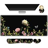 ARTSO Gaming Mouse Pad Wrist Support Set, XXL Large Desk Mat Mousepad + Keyboard Wrist Support+ Mouse Wrist Rest+Coaster 4in1 Ergonomic, Stitched Edge for Home Office -Flowers and Butterflies