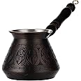 DEMMEX Thickest Copper Turkish Greek Arabic Coffee Pot, Stovetop Coffee Maker, Cezve Ibrik Briki with Wooden Handle & Wooden Spoon, Hand Engraved (Antique Copper, 15 fl Oz)
