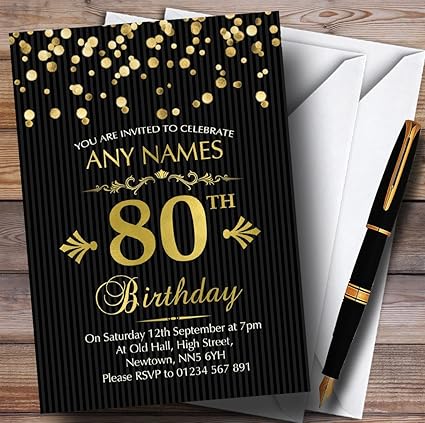 Invitations Pour Fete D Anniversaire 80 Ans Avec Confettis Dores Et Rayures Noires Amazon Fr Fournitures De Bureau