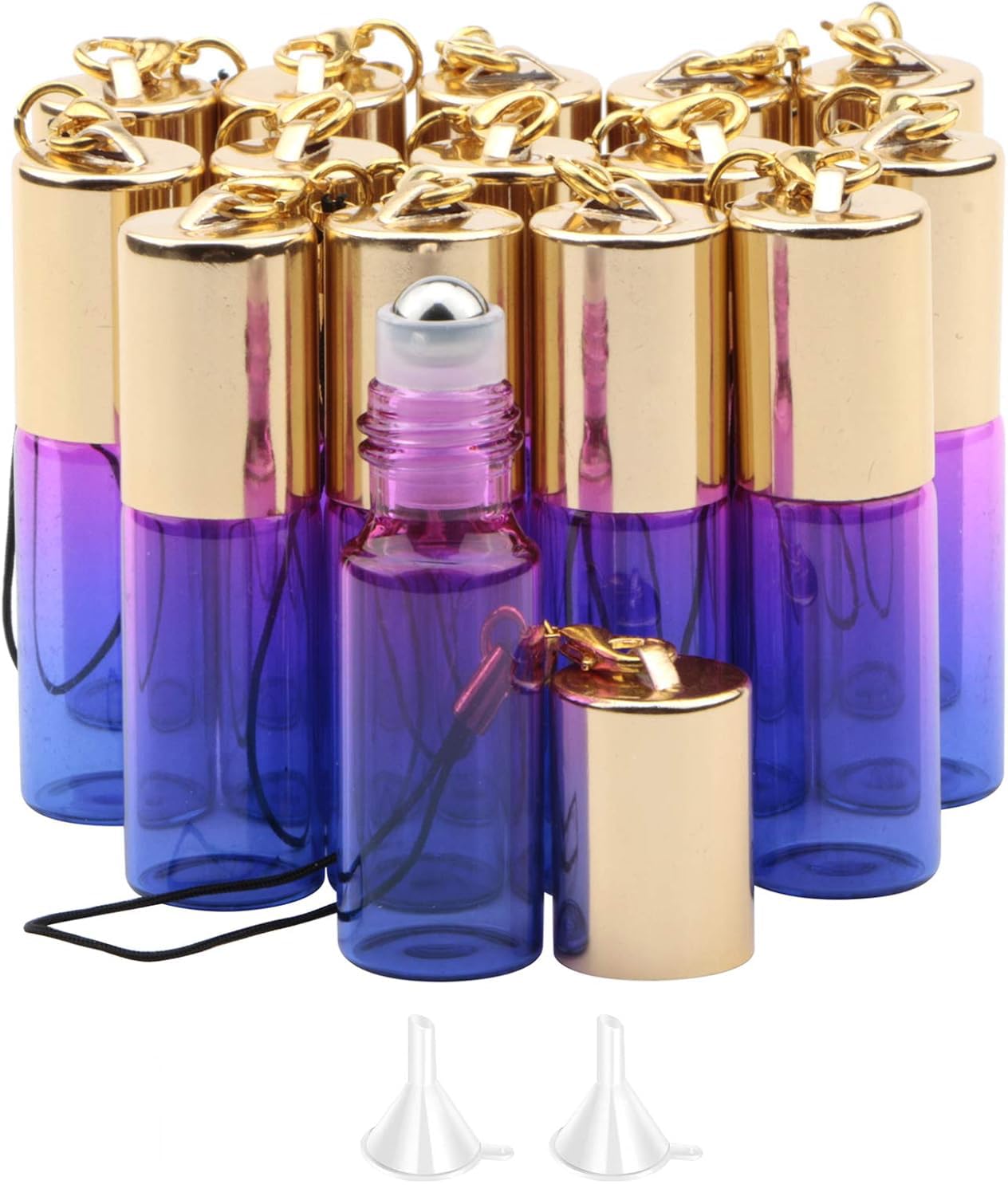 Rowiz 15PCS 5ml Blue Gradient Color Glass Roll on Bottles Empty Sample Vial Essential Oil Glass Bottles with Stainless Steel Roller Balls and Golden Screwcap with Buckle