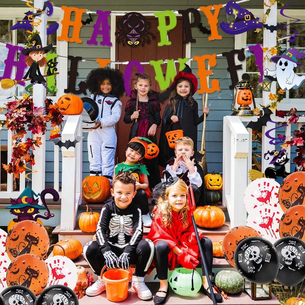 Halloween Party Decoration Supplies, Happy Halloween Banner, Halloween Hanging Swirls, Latex Balloons,Photo Props, Halloween Theme Party Supplies for Halloween Decor: Toys & Games