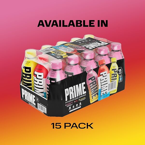 PRIME HYDRATION VARIETY – ICE POP, STRAWBERRY BANANA, LEMONADE, SPORTS DRINKS, ELECTROLYTE ENHANCED FOR ULTIMATE HYDRATION, 250MG BCAAS, B VITAMINS, ANTIOXIDANTS, LOW SUGAR, 12 FL OZ, 15 PACK