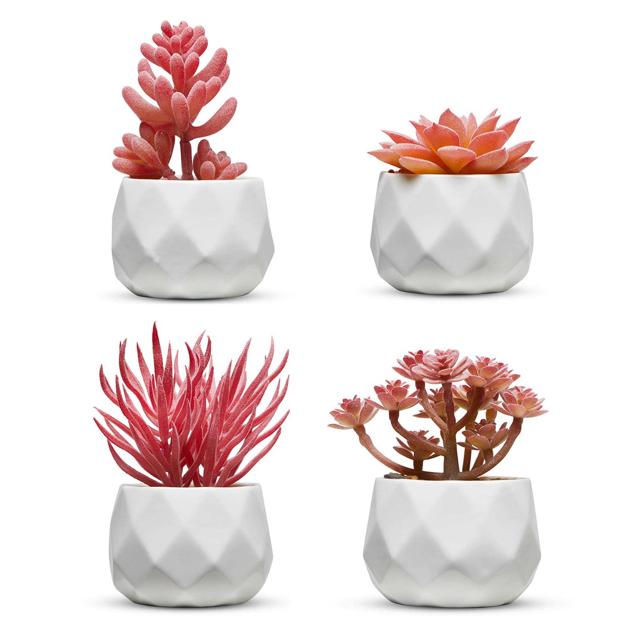 Nordik Miniature Artificial Succulent Set of Four Geometric Round White Pots - Office Decor for Women Desk, Indoor, Living Room, Home and Desk Decor – Pink Faux Succulents