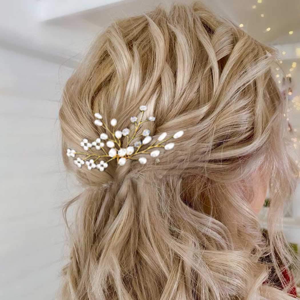 IYOU Bridal Wedding HairPin Gold Pearl Headpiece Bride Crystal Hair pins Flower Hair Accessories for Women and Girls (pack of 2)