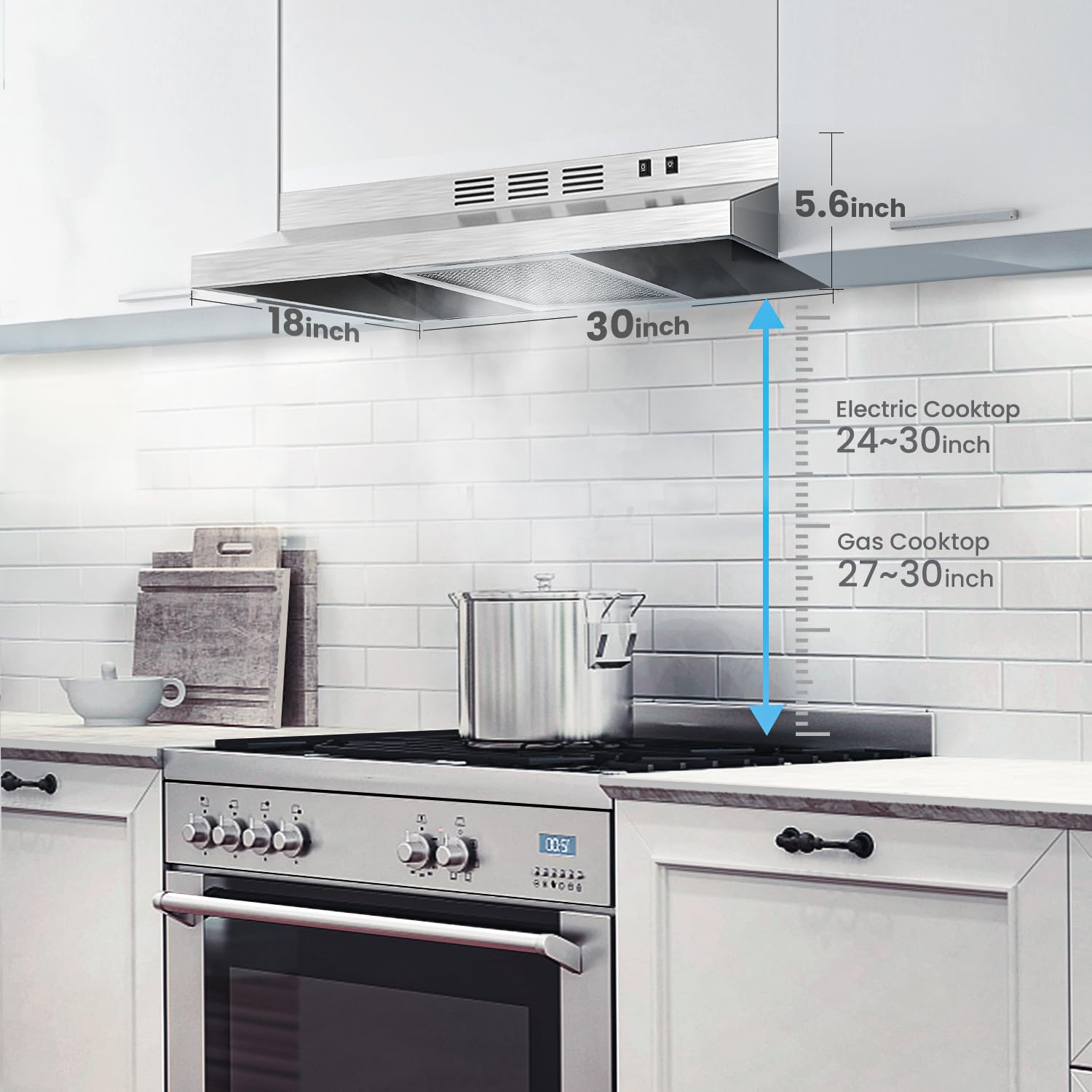 Midea MVU30W2AST Range 30 Inch Under Cabinet Vent Ductless Convertible with Durable Stainless Steel, 200 CFM Kitchen Hood with 2 Reusable Filter, 2 Speed Exhaust Fan