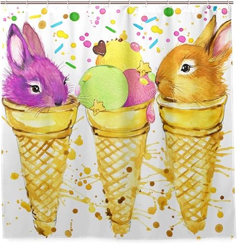 Amazon Kapanou防水 シャワーカーテン 面白いウサギアイスクリーム水彩イラスト かわいいシャワーカーテン ユニットバス バスルーム 芸術の装飾 180cmx180cm バスフック付き 取り付け簡単 シャワーカーテン ホーム キッチン オンライン通販
