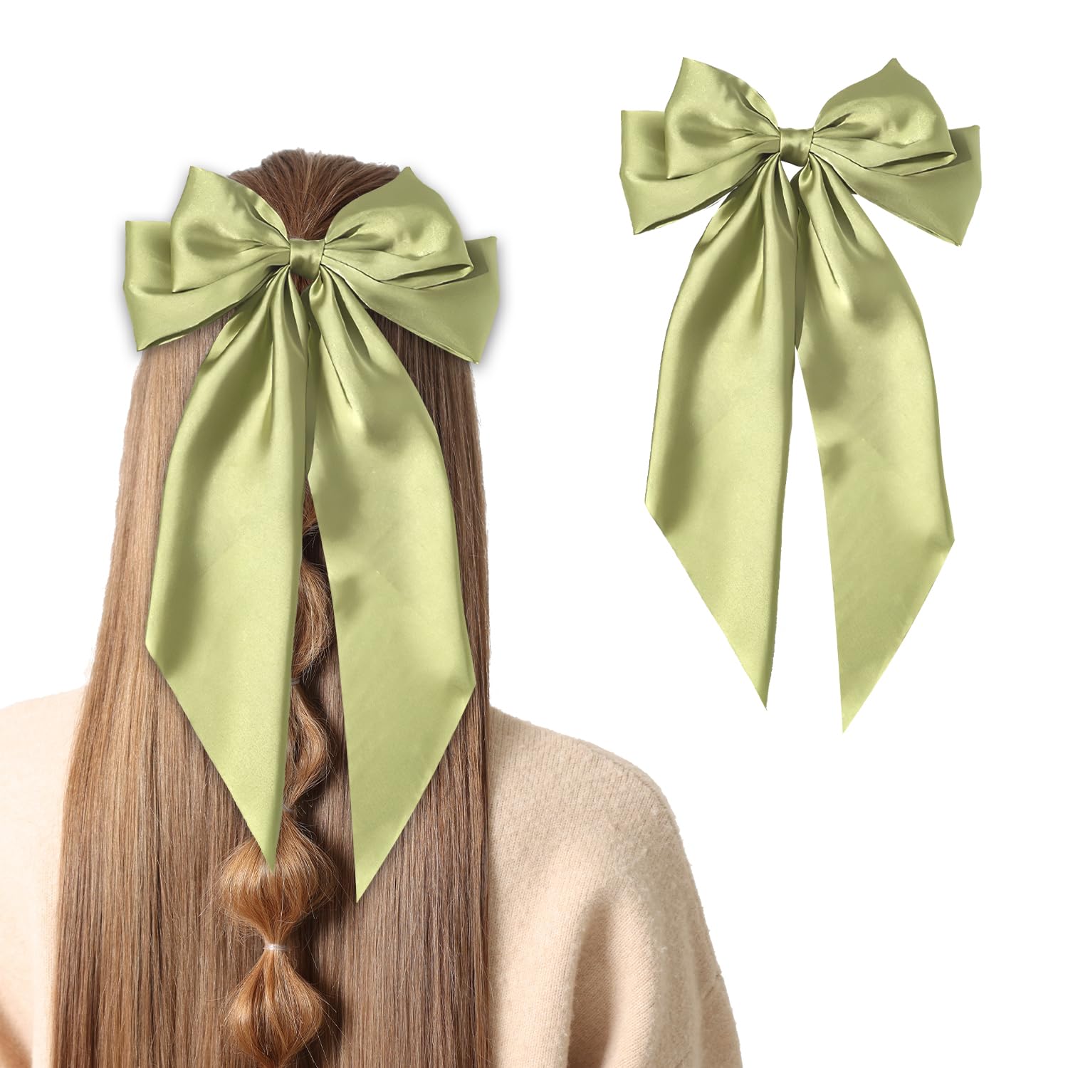 Hair Big Bow & Clip Barrettes for Women & Girls (Olive Green, Solid Color, French Style)