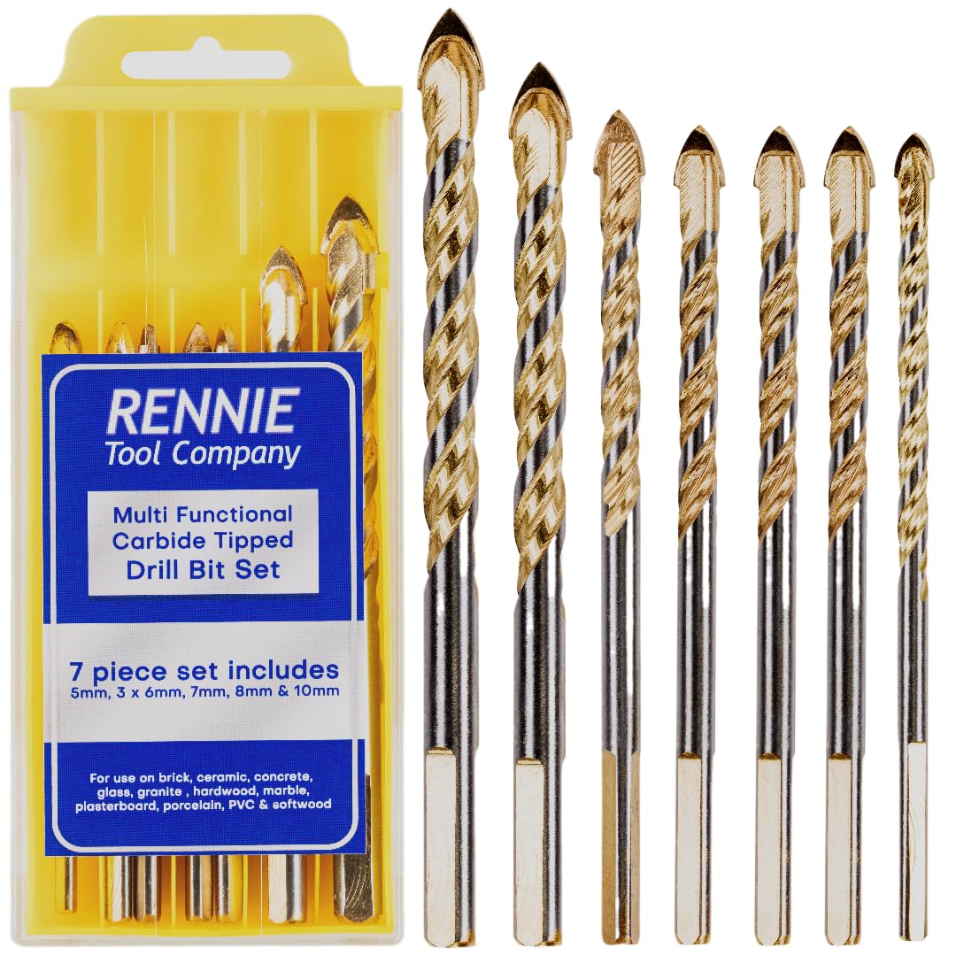 7 Piece Multi-Material Tile Drill Bits Set for Ceramic Porcelain Brick Concrete Glass Plastic Granite Marble Etc with Storage Box. Includes 4mm 6mm 8mm and 10mm TCT Carbide Tipped Drill Bits