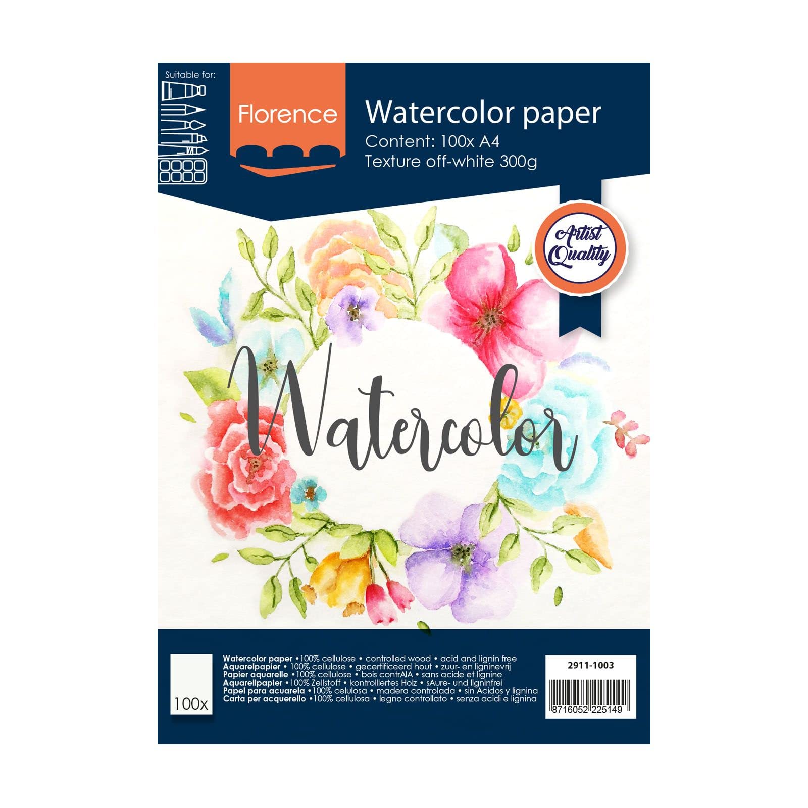 Vaessen Creative Florence Watercolour Paper A4, Ivory, 300 GSM, Artist Grade Quality, Textured Surface, 100 Sheets for Painting, Handlettering, Art Projects