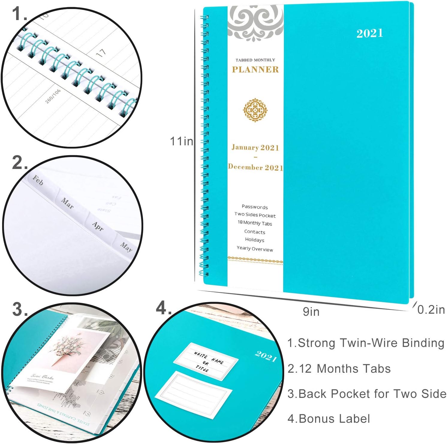 2021 Monthly Planner - 12-Month Planner with Tabs, Pocket, Label, Contacts and Passwords, 8.5" x 11", Jan. - Dec. 2021, Twin-Wire Binding - Teal by Artfan : Office Products
