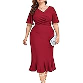 LALAGEN Plus Size Dress for Women Modest Short Sleeve Ruched Bodycon Mermaid Cocktail Midi Dresses 1X-6X