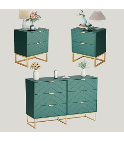 Amazon.com: Furniway Green Dresser Bedroom Set 3 Pieces, Nightstands Sets  of 2, 8 Drawer Dresser with Gold Handles for Bedroom : Home & Kitchen