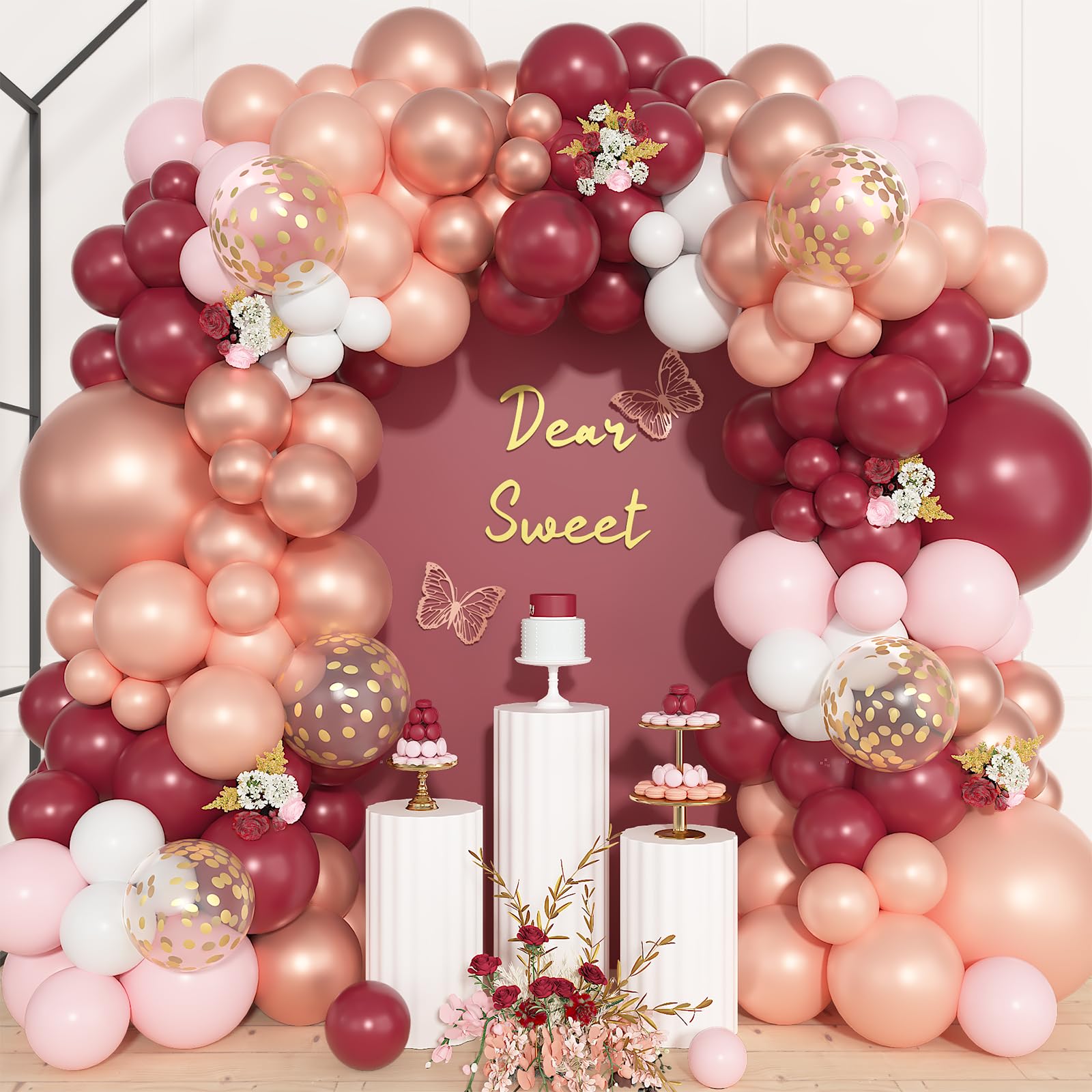 Photo 1 of Ouddy Life 157 Pcs Burgundy Rose Gold Balloon Garland Arch Kit, Baby Pink White Birthday Decorations for Women Girls, Metallic Pearl Confetti Latex Balloons Wedding Bachelorette Scary Party Supplies