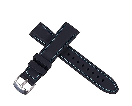 20Mm Silicone Perforated Pin Buckle Diving Waterproof Sport Soft Rubber Watch Band(Light Blue Stitching)