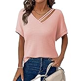 Dokotoo Womens Summer Tops 2026 Waffle Knit Short Sleeve V Neck Cut Out Shirts Loose Tunic Tops Blouses