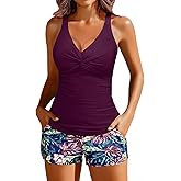 Tankini Swimsuits for Women-Two Piece Tummy Control Bathing Suit with Pocketed Shorts Twist Knot Swimwear 2025 Purple Leaf Large