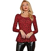 Allegra K Women's Animal Print Long Sleeve Ruffle Hem Scoop Neck Casual Peplum Top