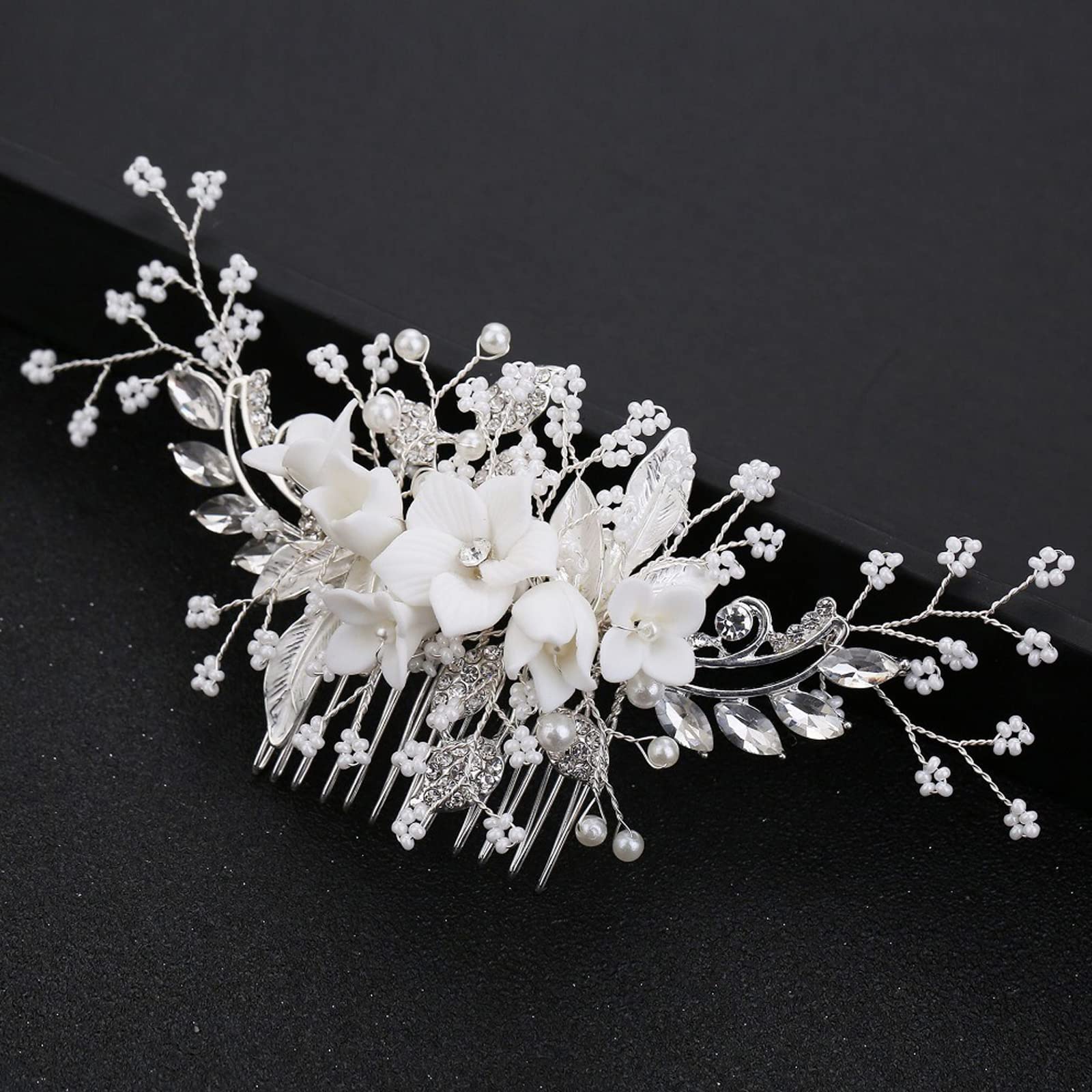 View 1 of Handmade Silver Bridal Hair Comb Clip Flower Bride Wedding Bridesmaids Hair Vine Crystal Hair Accessories for Brides Headpieces
