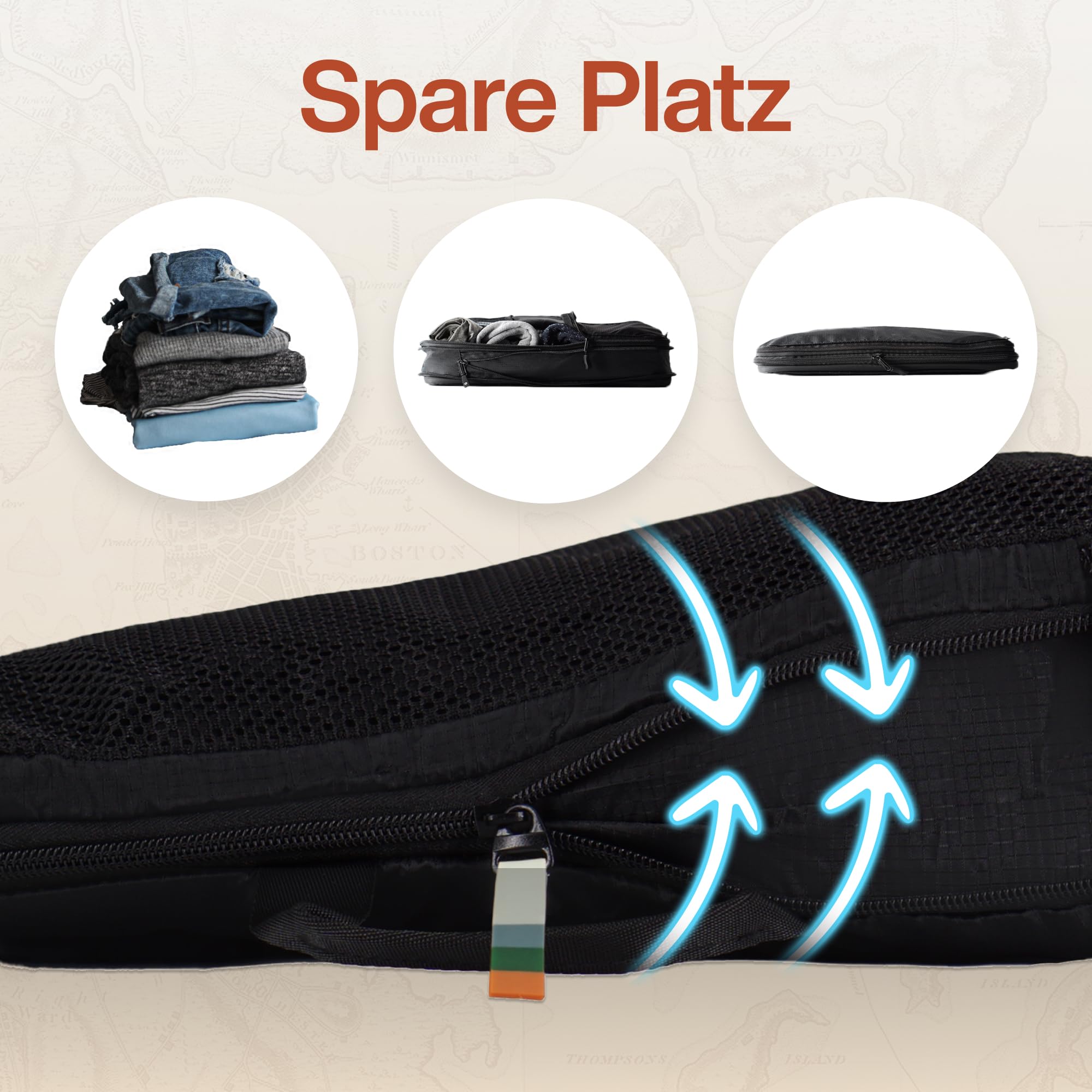 TRAVEL DUDE Packwürfel Set mit Kompression aus recycelten Plastikflaschen, Leichte Packing Cubes, Packtaschen Set für Rucksack und als Koffer Organizer, Zubehör (Schwarz, 7-teiliges Set) 2