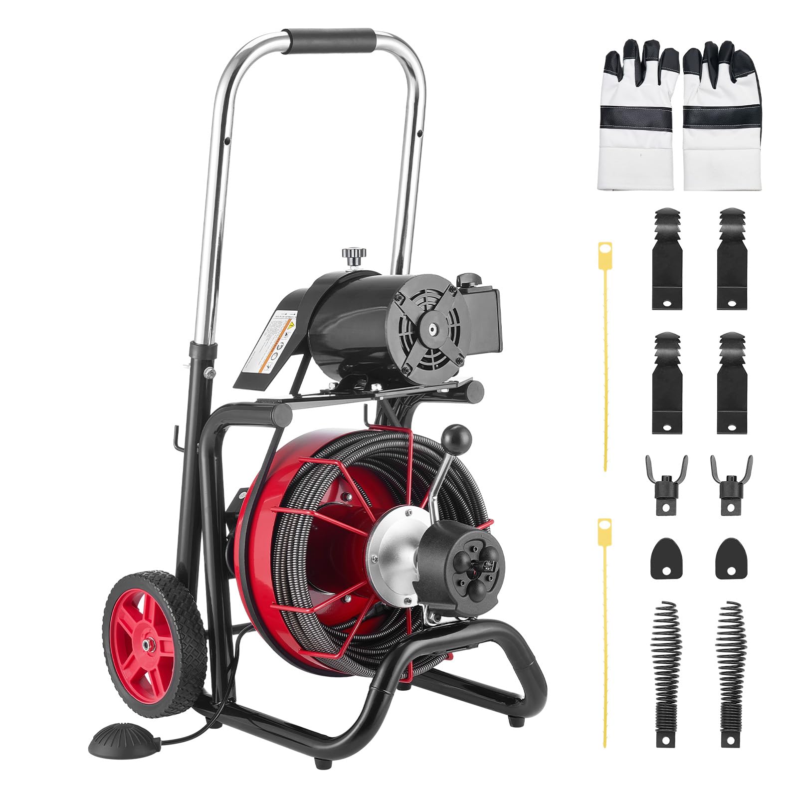Photo 1 of VEVOR Drain Cleaner Machine 100FT x 3/8 Inch, Auto Feed Sewer Snake Auger on Wheels, 370W Portable Drain Cleaning Machine with 8 Cutters & Air-activated Foot Switch for 2" to 4" Pipes