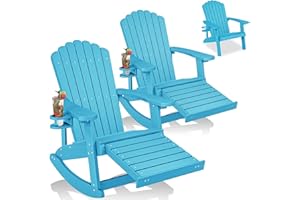 ZHUSI Adirondack Rocking Chair Outdoor with Retractable Ottoman and Cup Holder, Adirondack Chairs with Footrest, Wood-Like Porch Rocker for Patio,Backyard,Garden (Blue, 2 PCS)