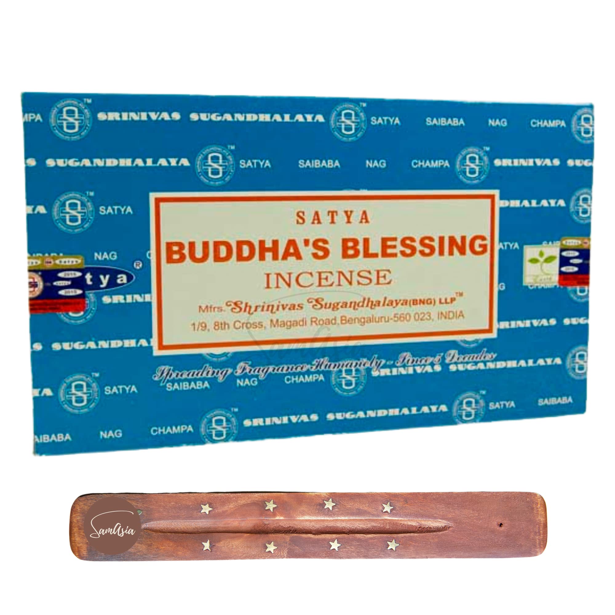 Satya Nag Champa Buddhas Blessings Incense Sticks | x12 pack | with SAMASIA incense sticks holder | Used for Buomatherapy, Spa, Yoga, Weddings, Meditation, Healing, Positivity and Relaxation