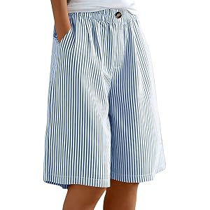 Bermuda Striped Shorts for Womens Knee Length Pants Baggy Lounge Casual Resort Bottoms Cute Beachwear with Pockets