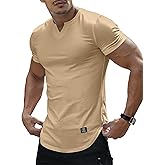 PLEPAN Mens Muscle T Shirts V Neck Short Sleeve Henley Shirt Hipster Longline Gym Workout Athletic Tee Shirts
