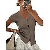 SOLY HUX Women's Button Down V Neck T Shirts Summer Cap Sleeve Ribbed Knit Dressy Casual Tops