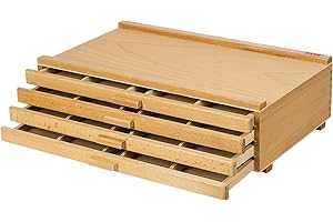 DJAR Basic 4-Drawer Art Supply Storage Box, Portable Premium Beech Wood Organizer Box for Pastels, Pencils, Pens, Brushes, Stamp, Art Storage with Removable Dividers, Natural