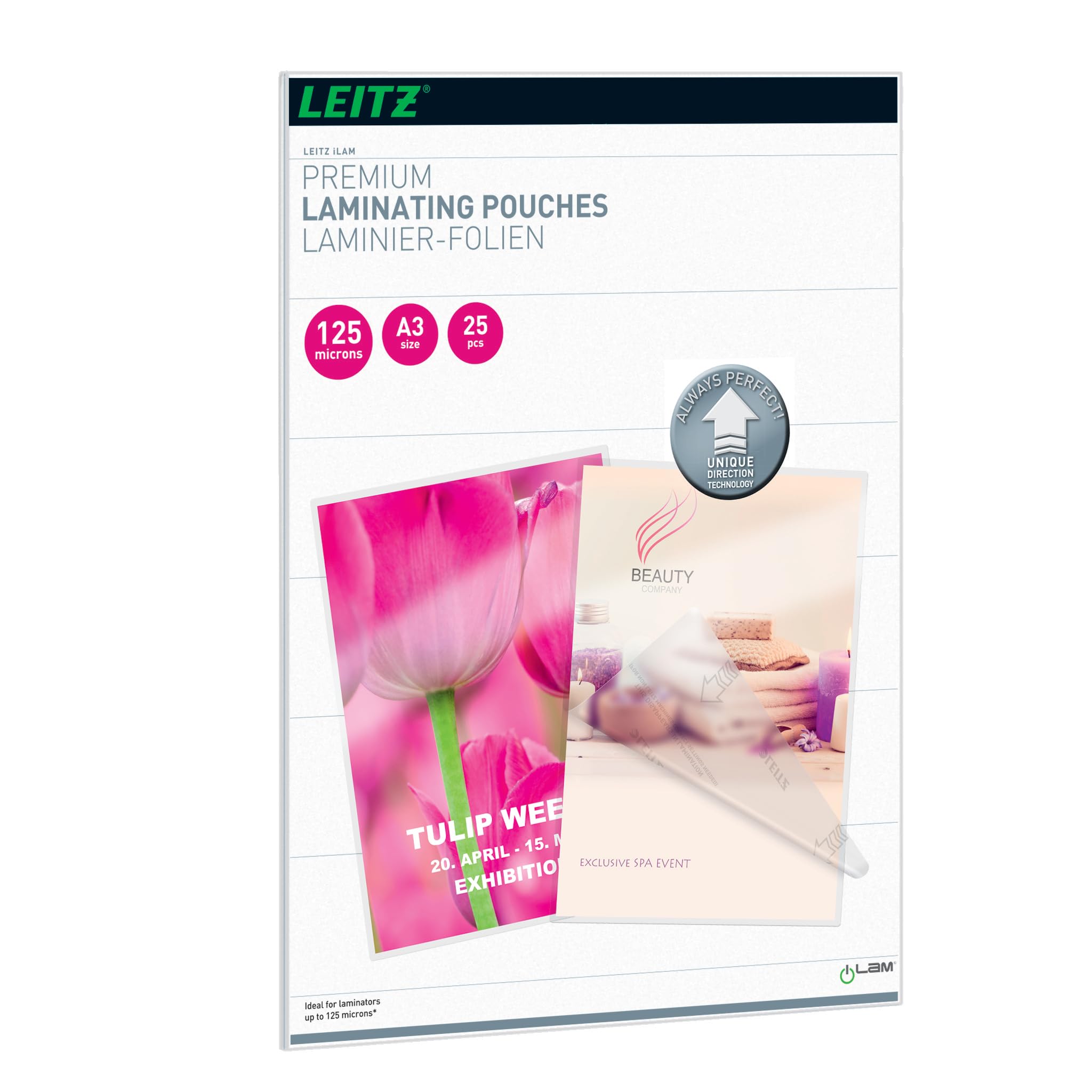 Leitz 74890000 Laminating Pouches Made of 125 Micron Thick Material (Transparent, Glossy, A3 and UDT) - Pack of 25