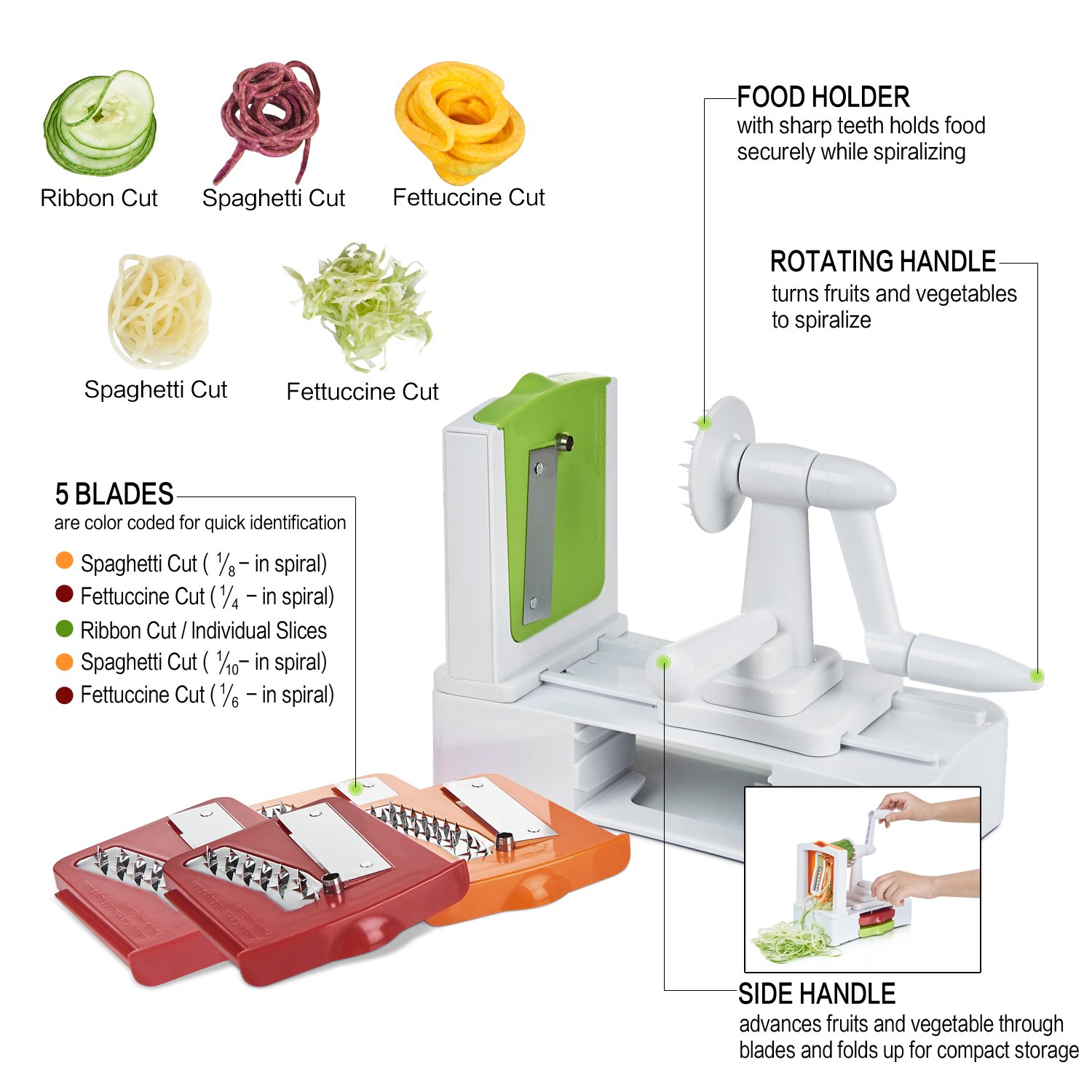 Spiralizer Vegetable Slicer - 5-Blade Veggie Spiral Slicer with Powerful Suction Base, Fit Kitchen Veggie Pasta Salad Creations, Cut and Shred Zucchini Zoodles, Cucumbers, Onions, BPA Free