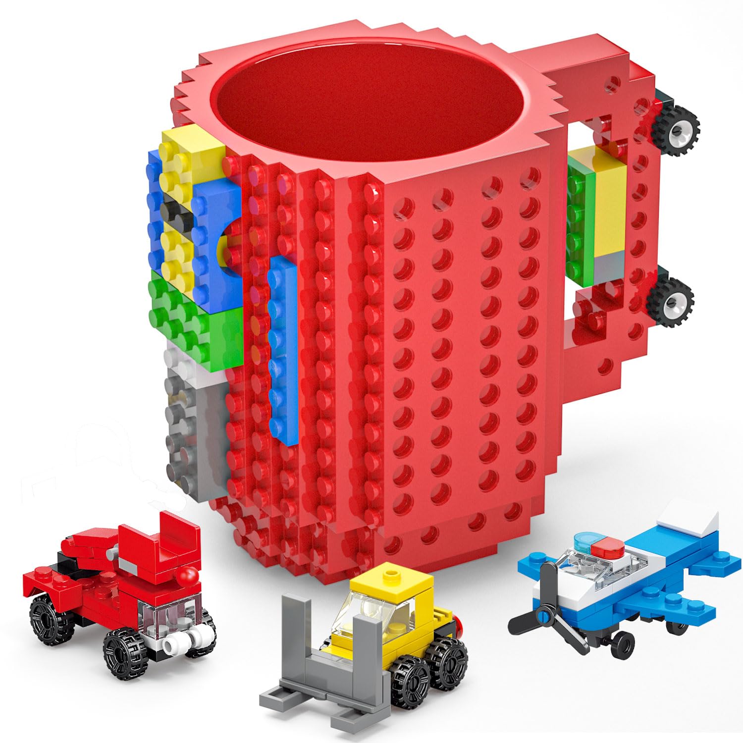 DAYMOO Build-on Brick Mug Set with 3 Random Packs of 2-in-1 Bricks, Funny Cool Coffee Mugs for Kids Men Him Dad Boys and Girls, Novelty Gifts for Christmas Xmas Easters Birthdays - Red