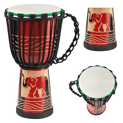 GOGHOST Wood Djembe Drum, 8.5'' x 16''Carved Red Elephant Mahogany African Drums with Goatskin Drumhead, West African Styled Professional Djembe Hand Drum for Adults Beginners