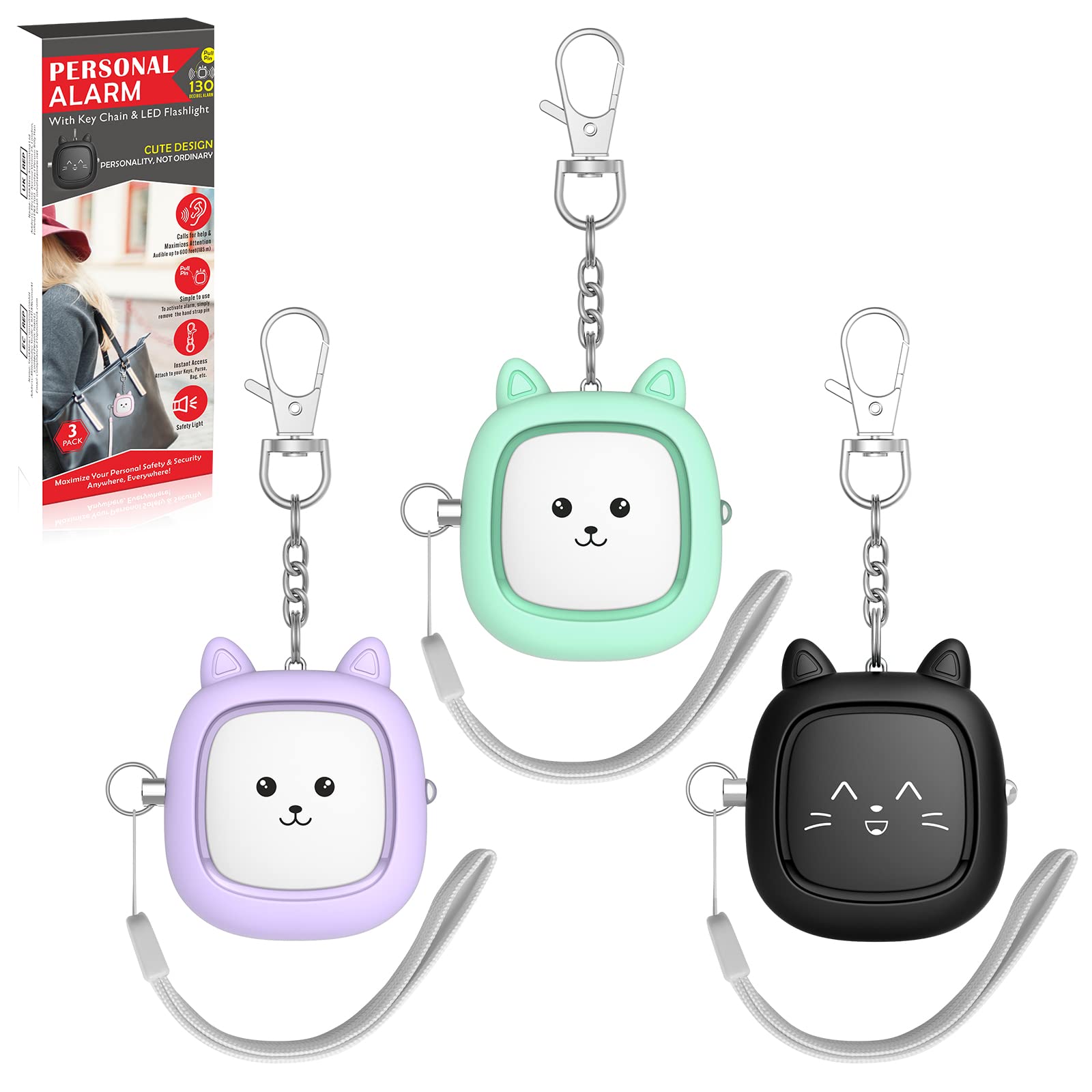 Personal Alarm, 3 Pack 130 dB Reusable Loud Siren Song Emergency Self-Defense Security Alarm Keychain with LED Light, Small Personal Sound Safety Alarm for Women, Men, Kids, Elderly