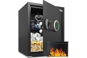 Fireproof Safe, Omethey 2.0 Cub Safe Box with Fireproof Waterproof Bag, Fire Safe with Backlit Digital Keypad and Mute Function, Money Safe with Removable Shelf & LED Light for Home, Office and Hotel