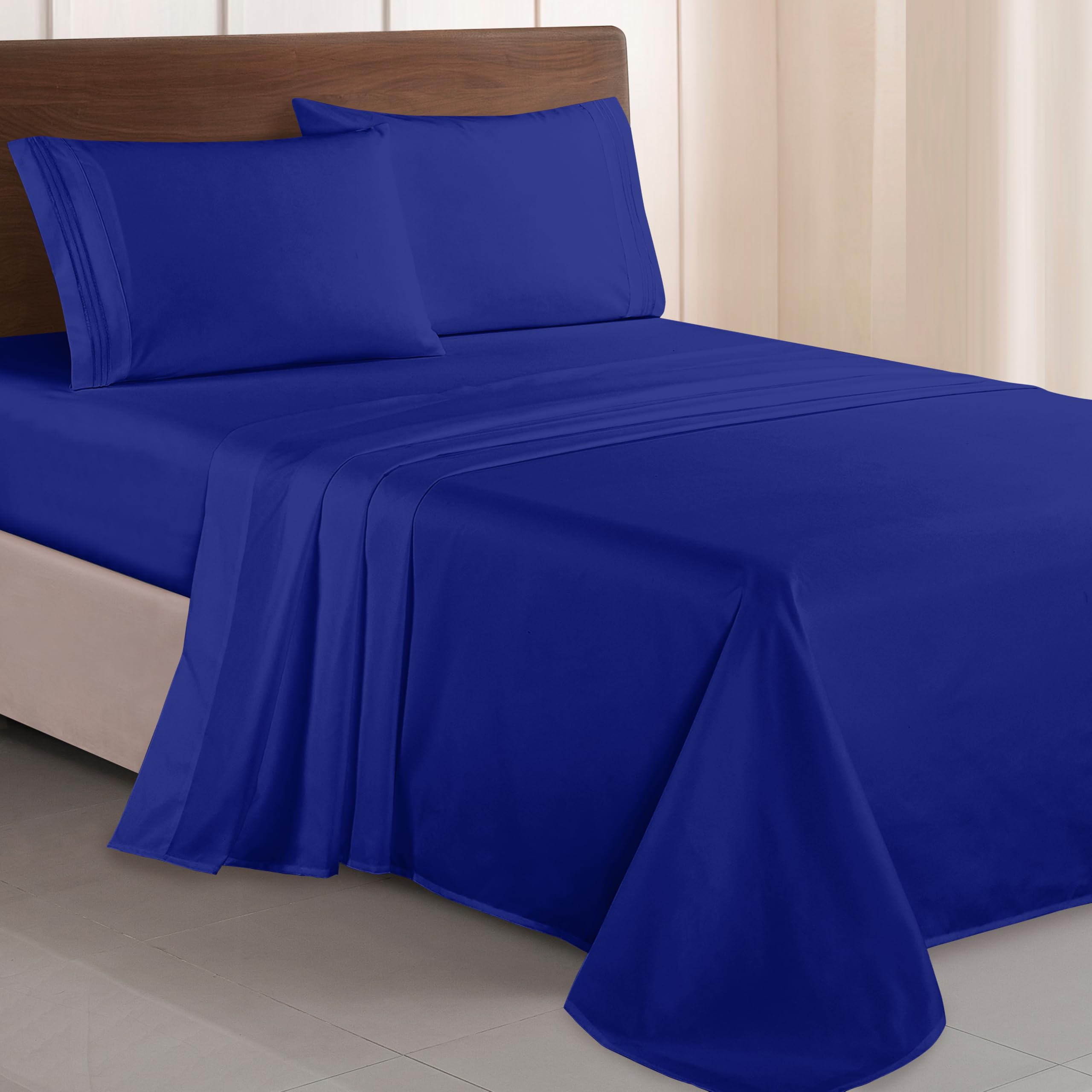 Elegant Comfort Luxurious 1500 Premium Hotel Quality Microfiber Three Line Embroidered Softest 4-Piece Bed Sheet Set, Wrinkle and Fade Resistant, Twin/Twin XL, Royal Blue