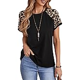 Milumia Women Leopard Raglan Short Sleeve Tops Round Neck Casual Work Tee Shirts