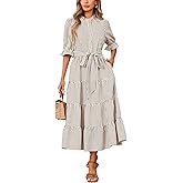 YEXPINE Women's Striped Stand Ruffle Collar Maxi Dress Half Sleeve Button Down Flowy Belted Beach Vacation Dress
