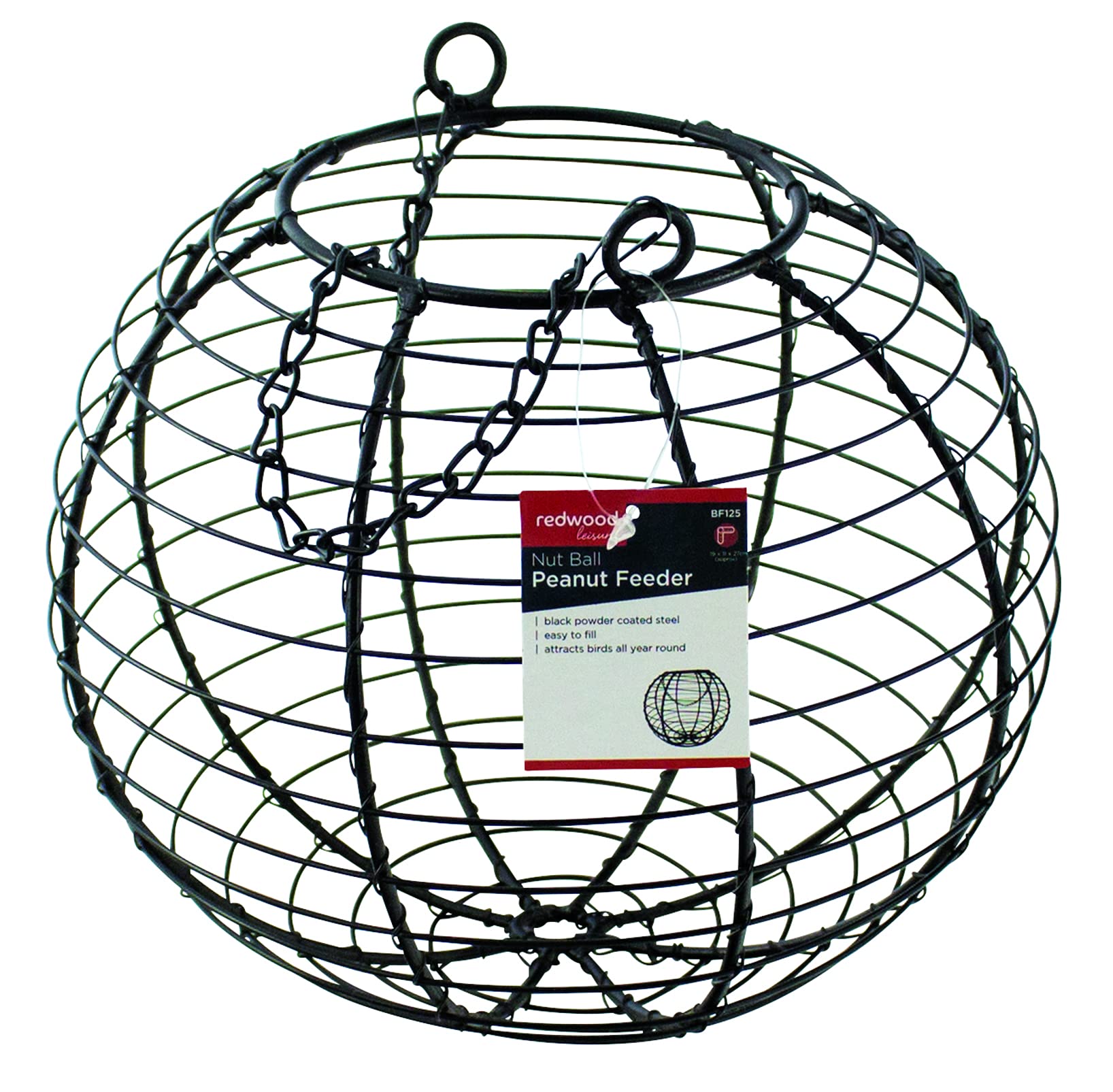 Redwood Leisure Garden Bird Hanging Nut Ball Peanut Feeder - Powder Coated Steel - Black - 18 cm