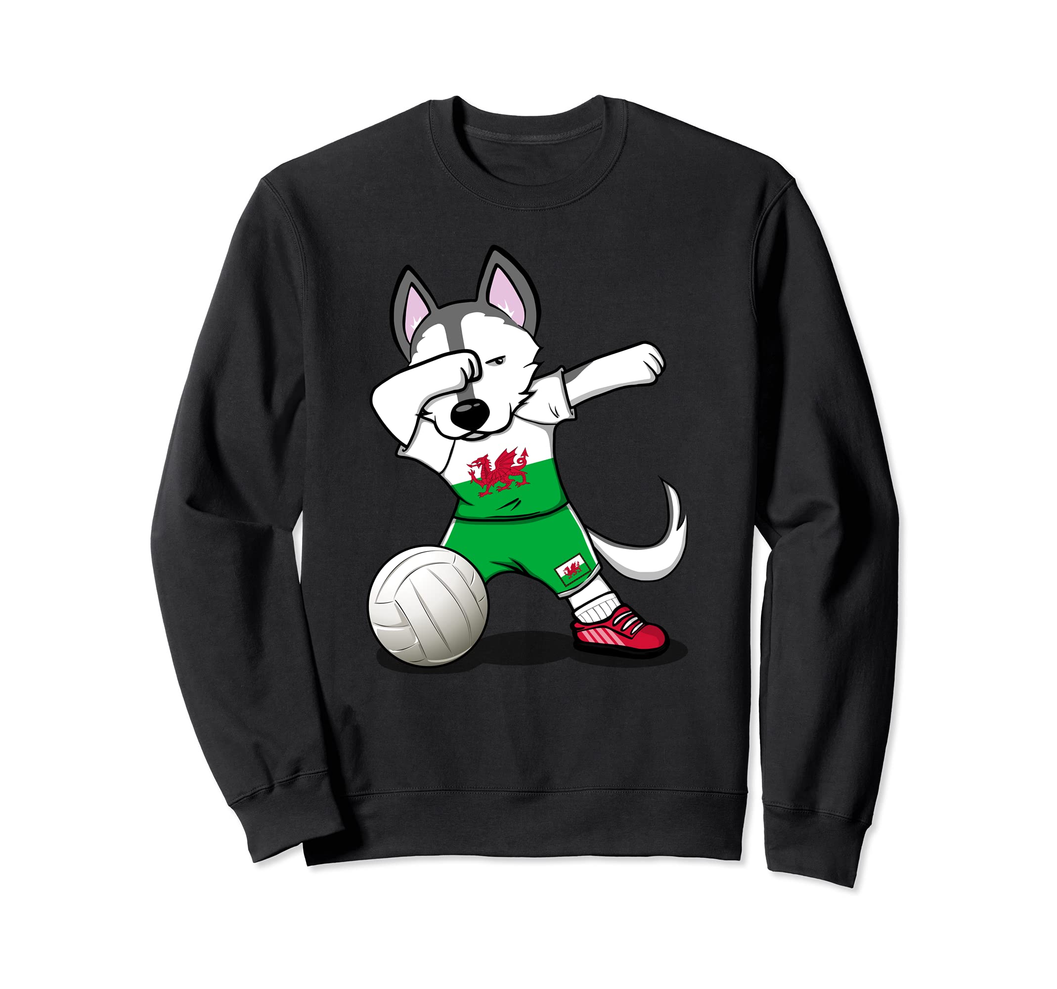 Dabbing Husky Dog Wales Volleyball Fans Jersey - Welsh Flag Sweatshirt