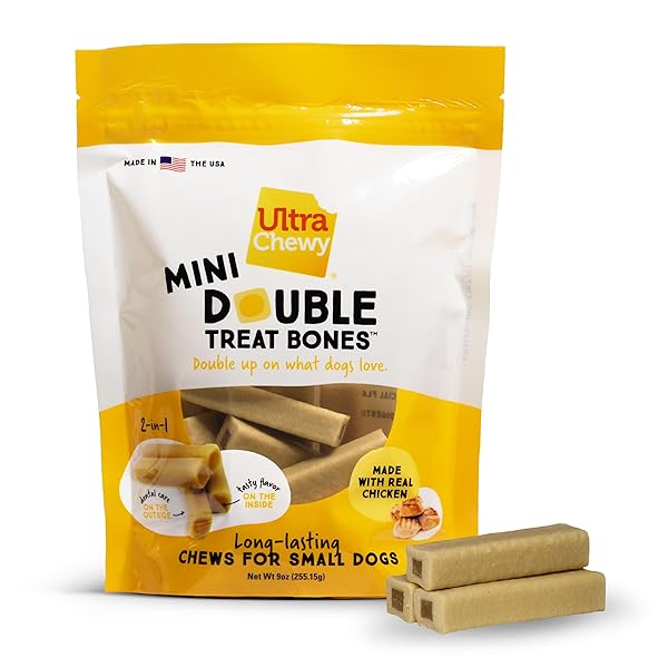 ULTRA CHEWY MINI DOUBLE TREAT BONES: LONG-LASTING DOG TREATS MADE IN USA, HIGHLY DIGESTIBLE, IDEAL FOR AGGRESSIVE CHEWERS 9OZ (CHICKEN, 2 PACKS)