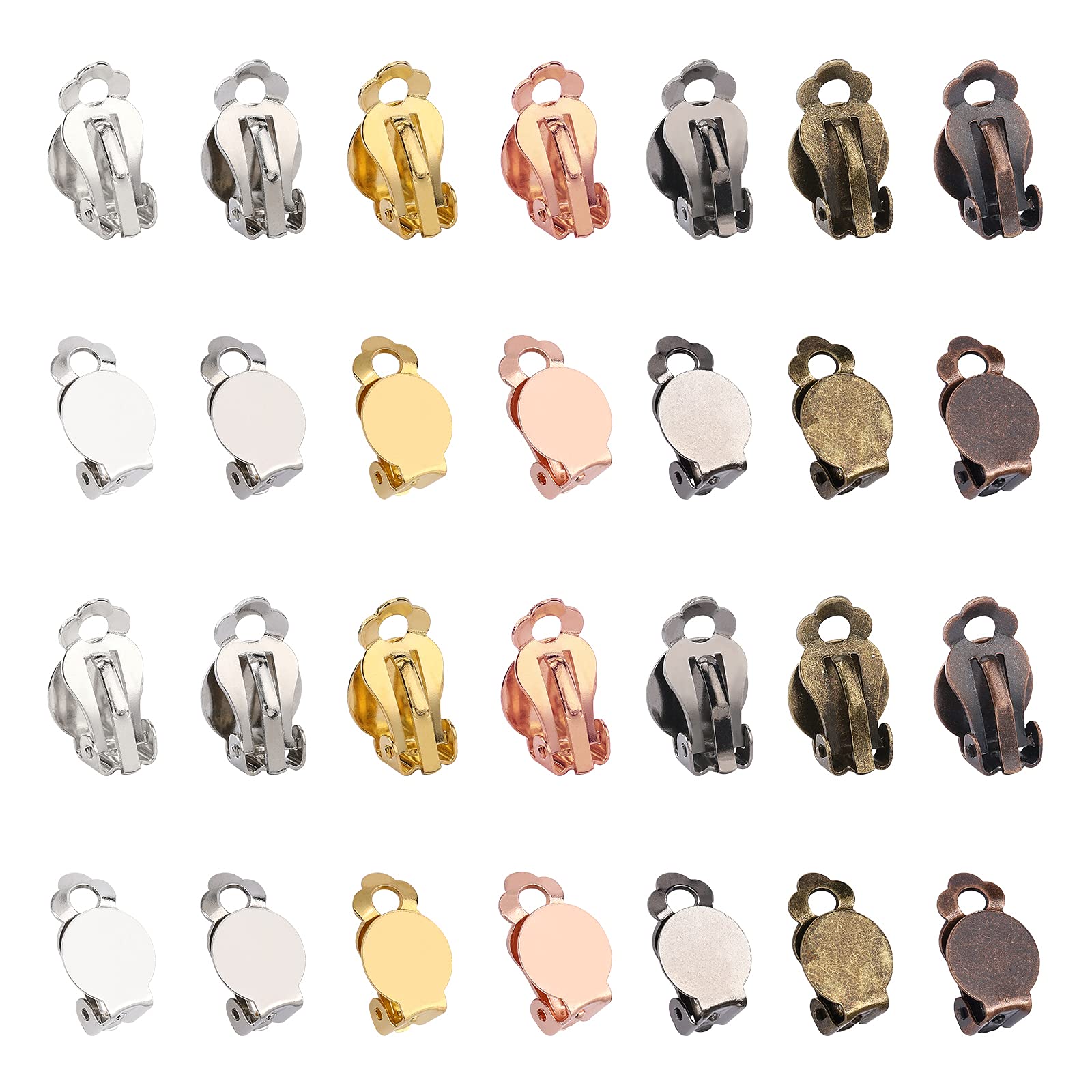 SUNNYCLUE 1 Box 42Pcs 7 Colors Brass Non Pierced Earring Backs Round Flat Trays Clips On Non Piercing Earrings Converter Components for DIY Jewelry Making Crafts Supplies Accessories